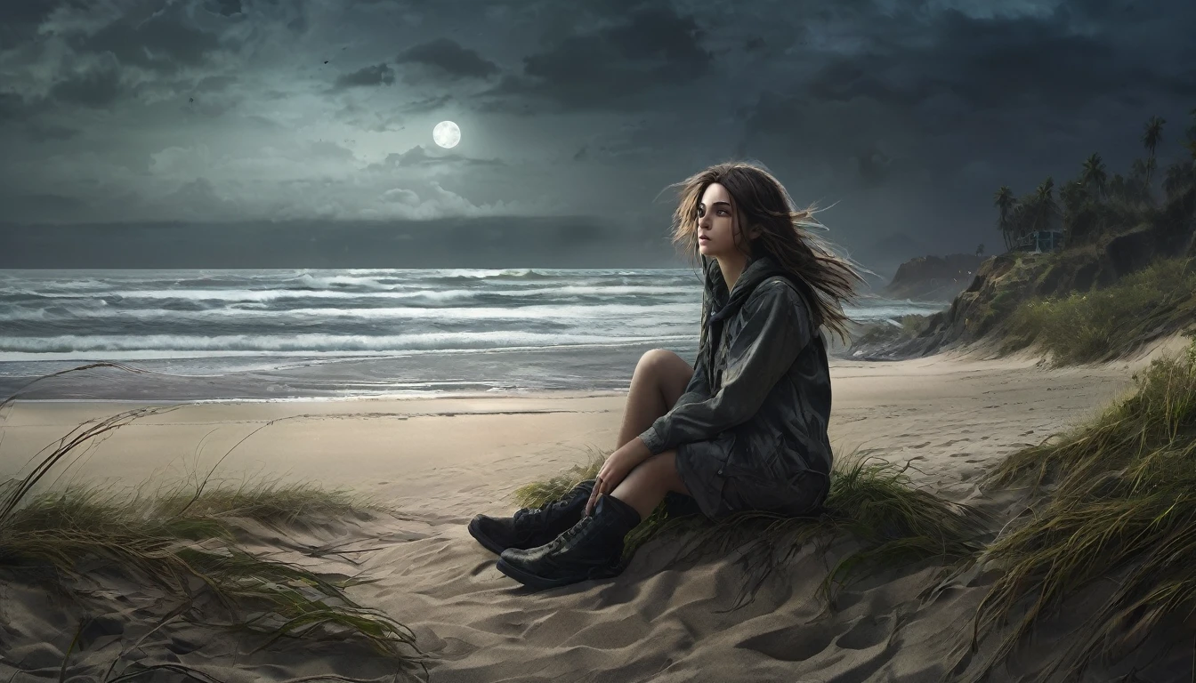 (masterpiece, best quality: 1.2), ultra detailed, cinematic lighting, HDR, illustration, landscape, 1girl, (harsh colors), post-apocalyptic beach, night at last, desolate atmosphere, girl sitting on the sand, covered vegetation, (overcast sky), waves crashing on the coast, (melancholic but hopeful), quiet moment of respite, (detailed textures), windswept hair, cloudy at night