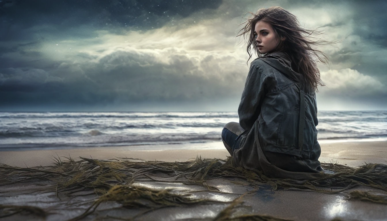 (masterpiece, best quality: 1.2), ultra detailed, cinematic lighting, HDR, illustration, landscape, 1girl, (harsh colors), post-apocalyptic beach, night at last, desolate atmosphere, girl sitting on the sand, covered vegetation, (overcast sky), waves crashing on the coast, (melancholic but hopeful), quiet moment of respite, (detailed textures), windswept hair, cloudy at night