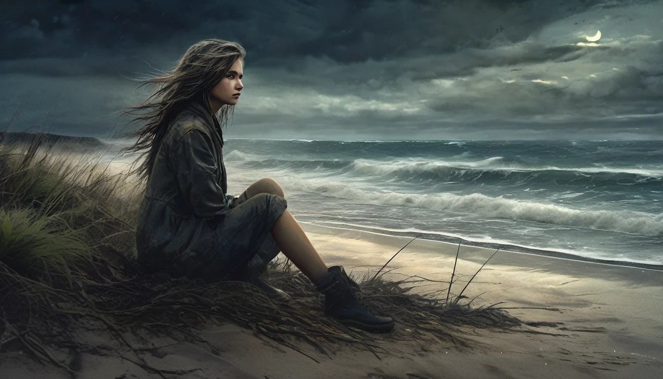 (masterpiece, best quality: 1.2), ultra detailed, cinematic lighting, HDR, illustration, landscape, 1girl, (harsh colors), post-apocalyptic beach, night at last, desolate atmosphere, girl sitting on the sand, covered vegetation, (overcast sky), waves crashing on the coast, (melancholic but hopeful), quiet moment of respite, (detailed textures), windswept hair, cloudy at night