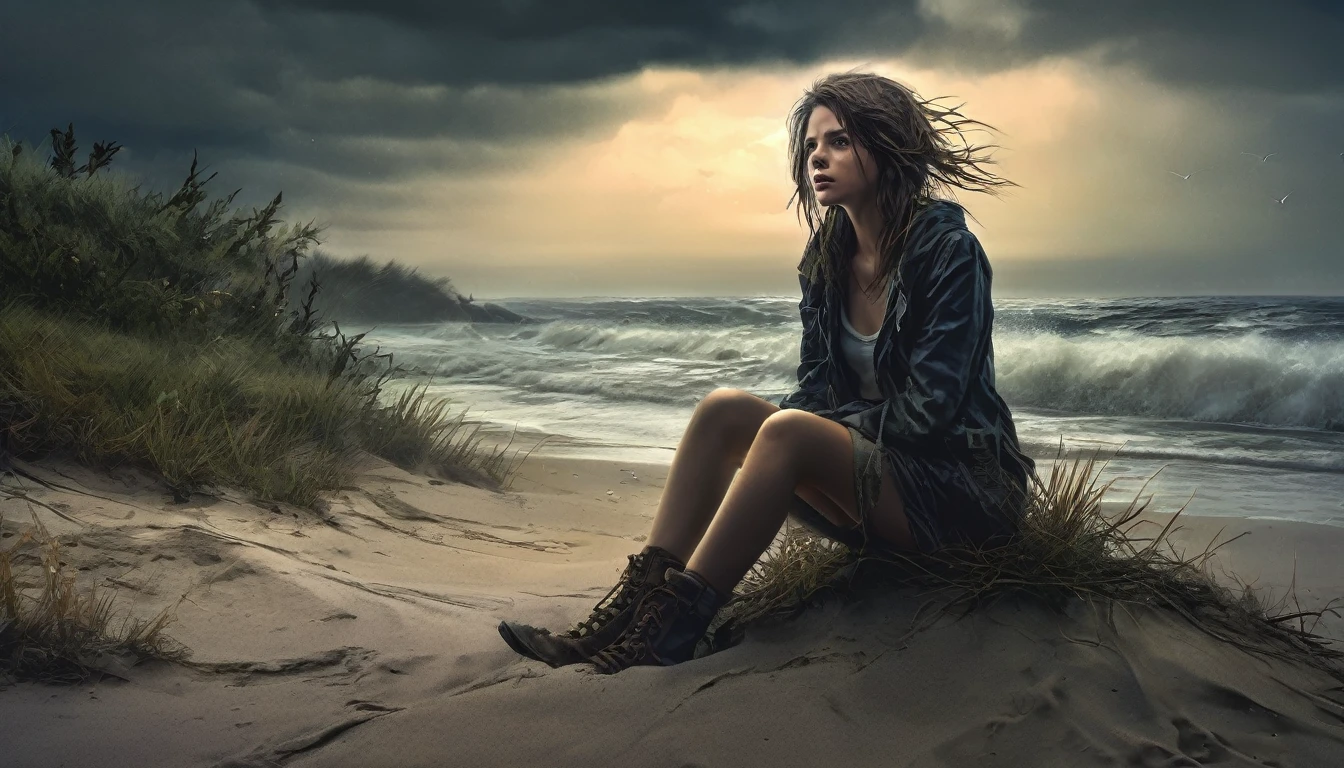 (masterpiece, best quality: 1.2), ultra detailed, cinematic lighting, HDR, illustration, landscape, 1girl, (harsh colors), post-apocalyptic beach, night at last, desolate atmosphere, girl sitting on the sand, covered vegetation, (overcast sky), waves crashing on the coast, (melancholic but hopeful), quiet moment of respite, (detailed textures), windswept hair, cloudy at night