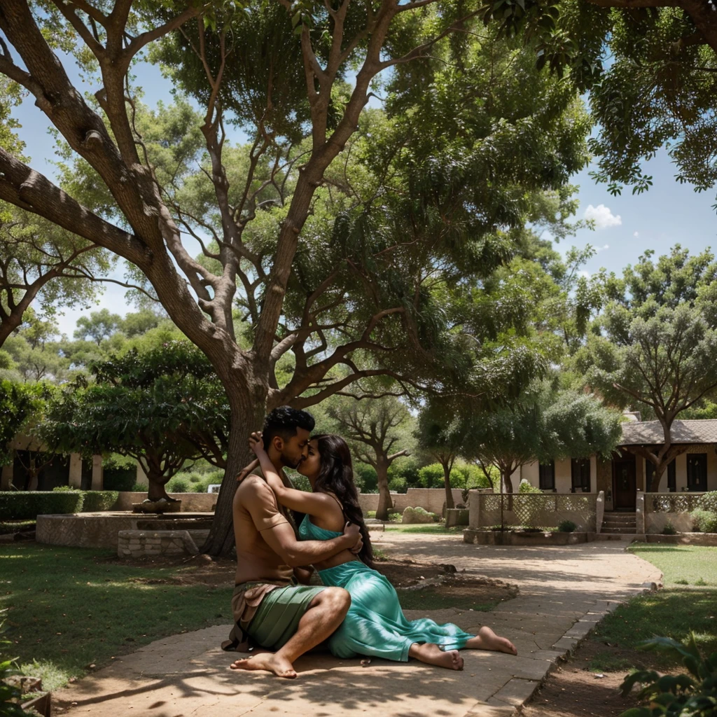 Amara and Malik gradually recovering together in a serene setting, with Amara showing care and affection towards Malik, symbolizing their growing bond, under the shade of a large tree in the village, in 16:9 dimension."