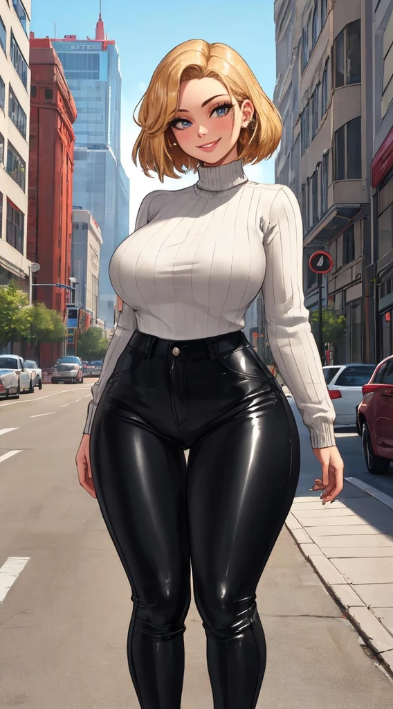 masterpiece, high quality, intricate detailing, extremely detailed, 1girl, mature female, short hair, blonde hair, thick thighs, thin waist, wide hips, curvy figure, voluptuous, model figure, breasts, HQl4t3xp4nts, standing, full body, cowboy shot, cowboy pose, ((tight pants, leather pants, sweater,)), boots, in the streets, cityscape, looking at viewer, smiling, naked
