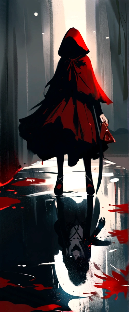 Gothic red riding hood holding the a bloody ax, standing over a dead wolf on the ground, bloody, fancy, comely, chic, Lens flare, intrincately detailed, blood splatters, tenebrosa, back-illuminated, Gothic, moonlights, forst, horor, grim, water colour, Illustrative, WLOP, oil on canvas