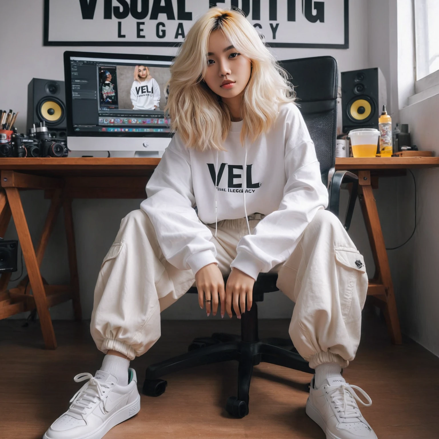 fullbody shot of a Indonesian woman with blonde layered hair sitting on the chair with pop punk style, woman in white streetwear and pants, on the streetwear says "VEL" "VISUAL EDITING LEGACY", female streetwear with long hands, candid pose, outlive streetwear collection, the background of the photo editor's room says "VISUAL EDITING LEGACY", Taken using Sony Alpha α7CR full-frame, photorealistic, UHD 1536px, high quality photo.
