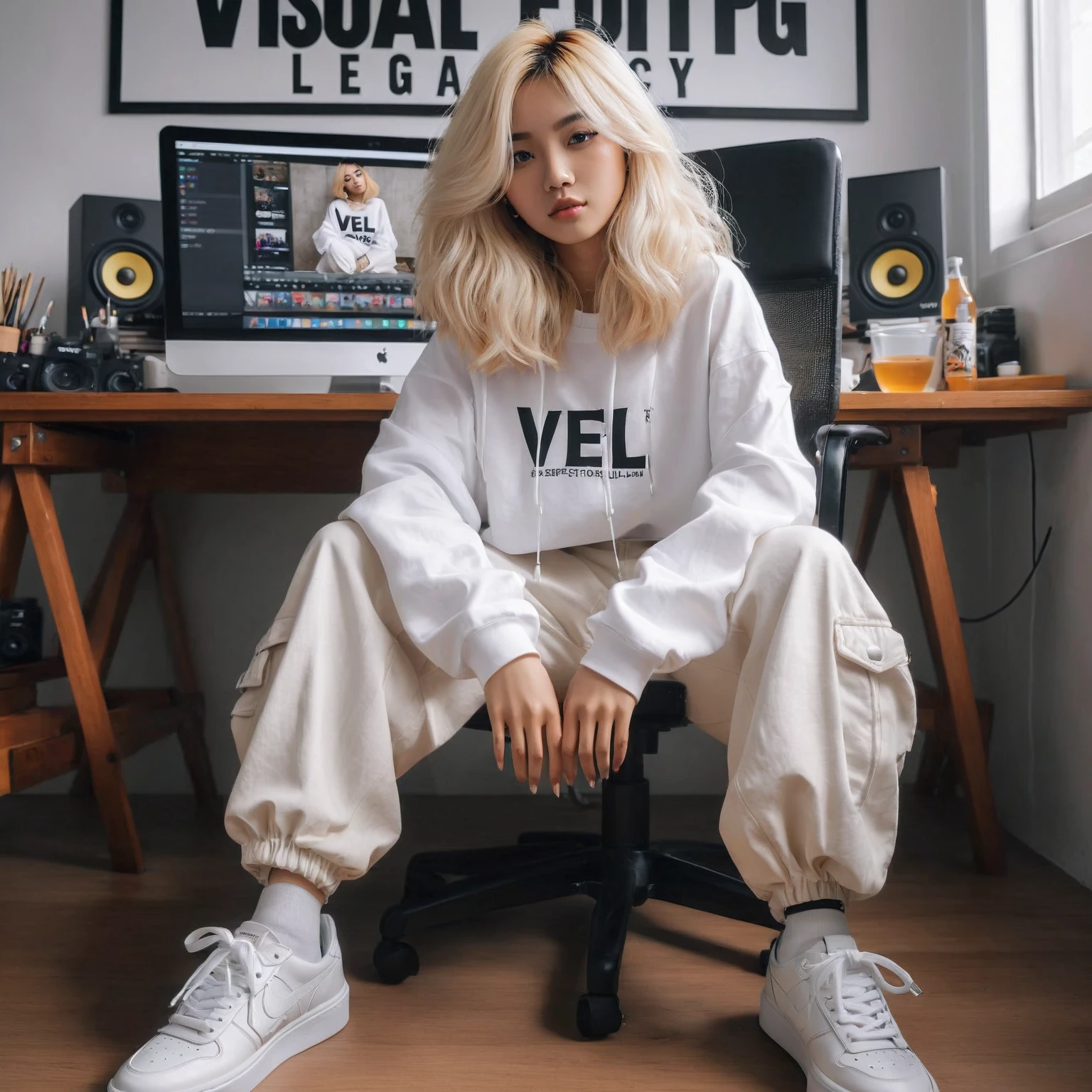 fullbody shot of a Indonesian woman with blonde layered hair sitting on the chair with pop punk style, woman in white streetwear and pants, on the streetwear says "VEL" "VISUAL EDITING LEGACY", female streetwear with long hands, candid pose, outlive streetwear collection, the background of the photo editor's room says "VISUAL EDITING LEGACY", Taken using Sony Alpha α7CR full-frame, photorealistic, UHD 1536px, high quality photo.