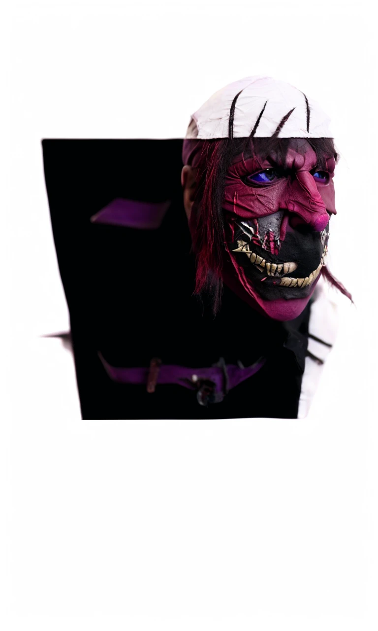 A man in a black mask with a black eye and a purple mouth sewn on, with one side of the mask being corrupted red 