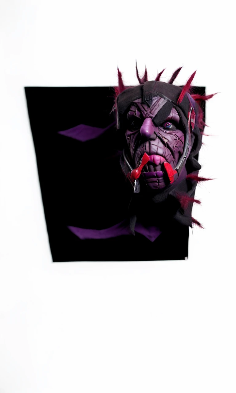 A man in a black mask with a black eye and a purple mouth sewn on, with one side of the mask cracked with red