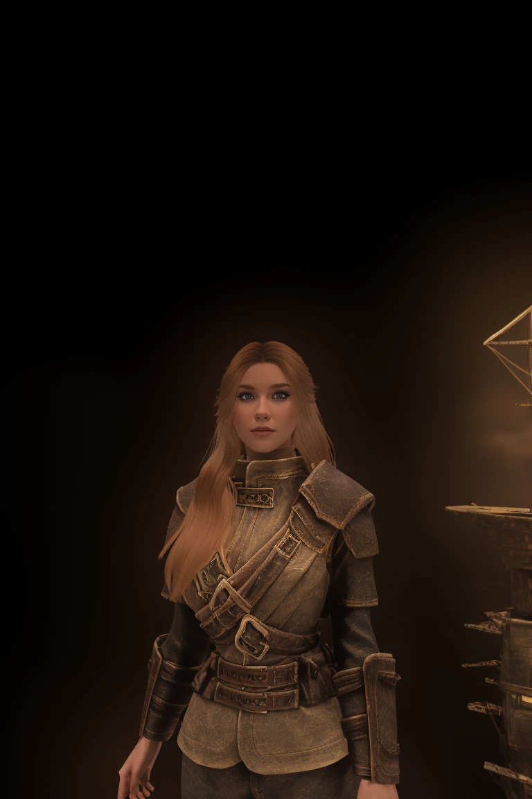 A lone figure, a majestic female Breton, stands at the bow of a ship cutting through the icy waters as it sets sail towards the frozen wilderness of Skyrim. The warmth of her fur-lined cloak and the golden glint of her long hair are contrasted against the chill of the snowy daytime landscape. Her hood is thrown back, revealing a determined gaze, as she gazes out at the horizon. , looking at the viewer, relaxed pose