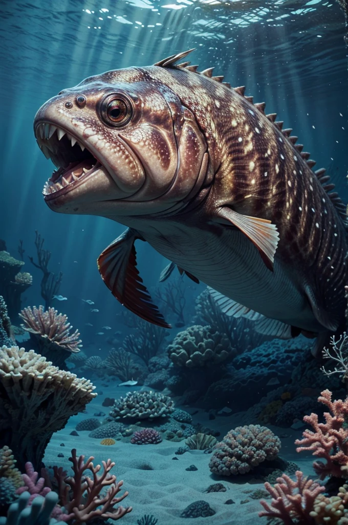 a giant stonefish attacking, detailed and realistic, 1 stonefish, underwater scene, coral reef, beautiful blue ocean, dramatic lighting, intense action pose, highly detailed, 4k, octane render, cinematic, masterpiece