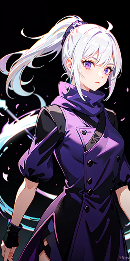 upper body, 1girl, white hair, ponytail, purple eyes, (ninja), short sword, medium breats ,scarf, wallpaper, magic circle background, light particles, blue fire,