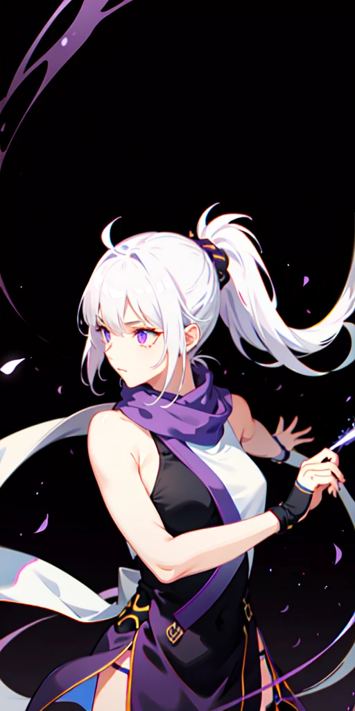 upper body, 1girl, white hair, ponytail, purple eyes, (ninja), short sword, medium breats ,scarf, wallpaper, magic circle background, light particles, blue fire,