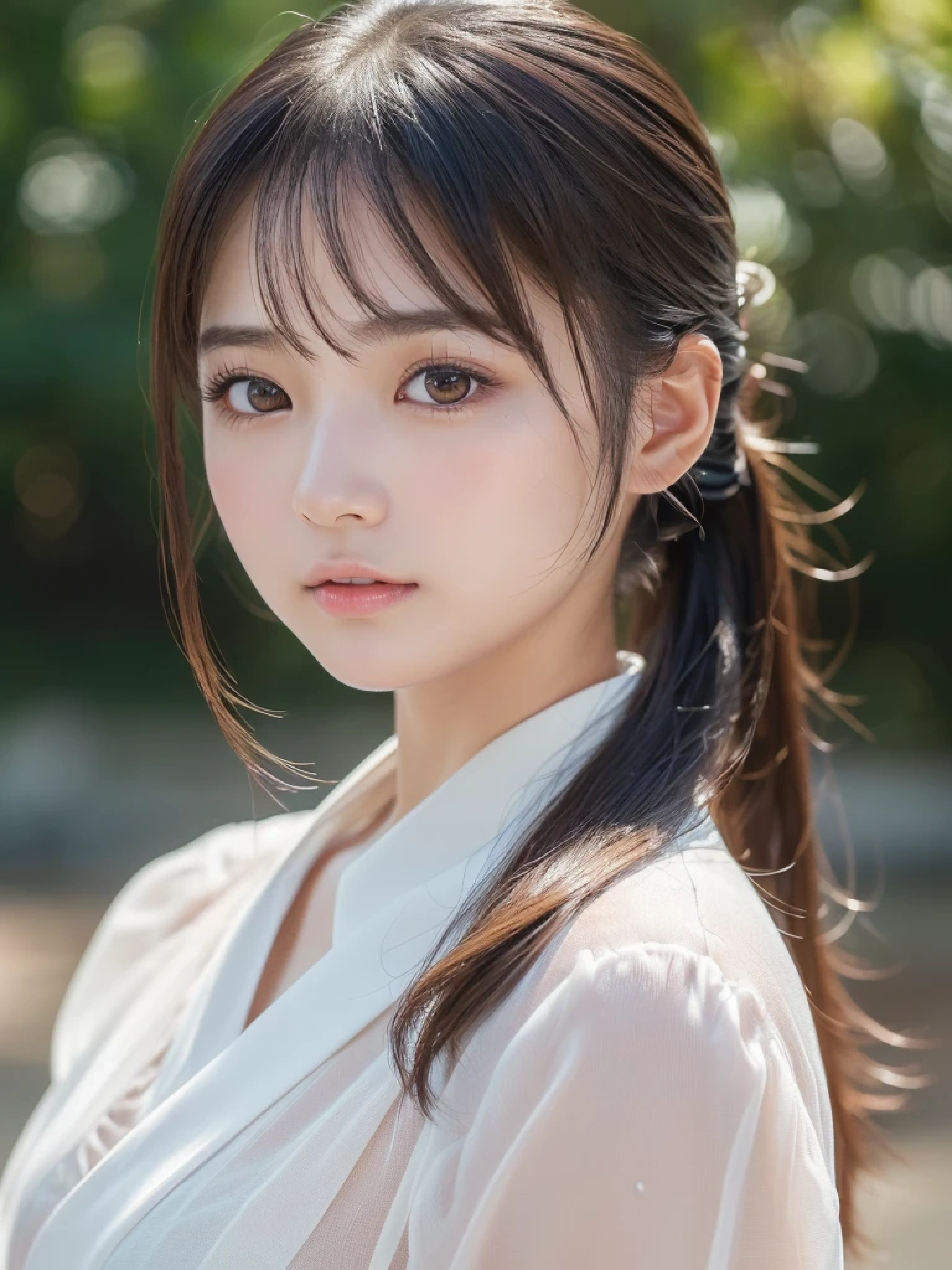 ((cute japanese girl、Beautiful Japanese Girl、One girl、19 years old、ponytail、Highly detailed face and skin texture、Ultra detailed face、Ultra-detailed eyes、Red、blush、front、 cute、Highly detailed face and skin texture、Smooth white skin、Translucent skin texture、))、(Dark Brown Hair)、looking at the camera、Sharp Focus：1.2、Beautiful woman with perfect style：1.4、Japanese Model、((Highest quality、8K、masterpiece:1.5、１Photos))、(4K、RAW Photos、Highest quality)、Place people across the entire screen、Natural light、professional lighting、(Realistic、Photo realistic:1.5)、 