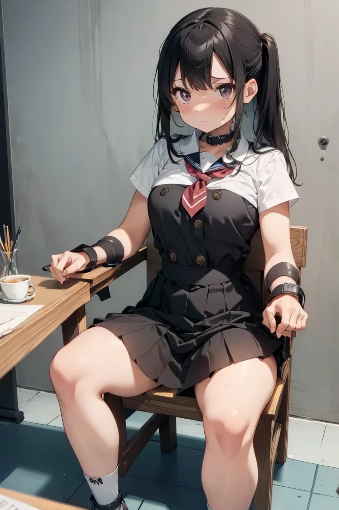 1 girl, (blushing, terrified, crying), tied to a chair, strapped to chair, (tight clothing, short sleeve, mini-skirt, sailor uniform, shoeless), ((inside basement, kidnapped)), long hair, (wrist cuffs, ankle cuffs, wrists tied, ankles tied), perfect body, big chest, big thighs, detailed face, detailed eyes, sharp focus, full body