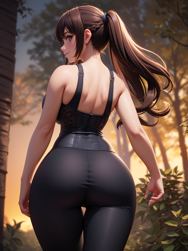 ultra-realistic 8K CG, masterpiece, ((Ultra-detailed background, fine drawing, Intricate detailing, high detailed, better quality fine details, hyperdetailed face)), (photorealestic: 1.4), beautiful lighting, RAW-Foto, film grain, 1girl, (Brown hair), pigtail, Smile with, Long hair, blue eyes, View from behind, braided ponytail, (Leggings), (big , slim girl, wide hips), ((More complex, detailed background, woods))