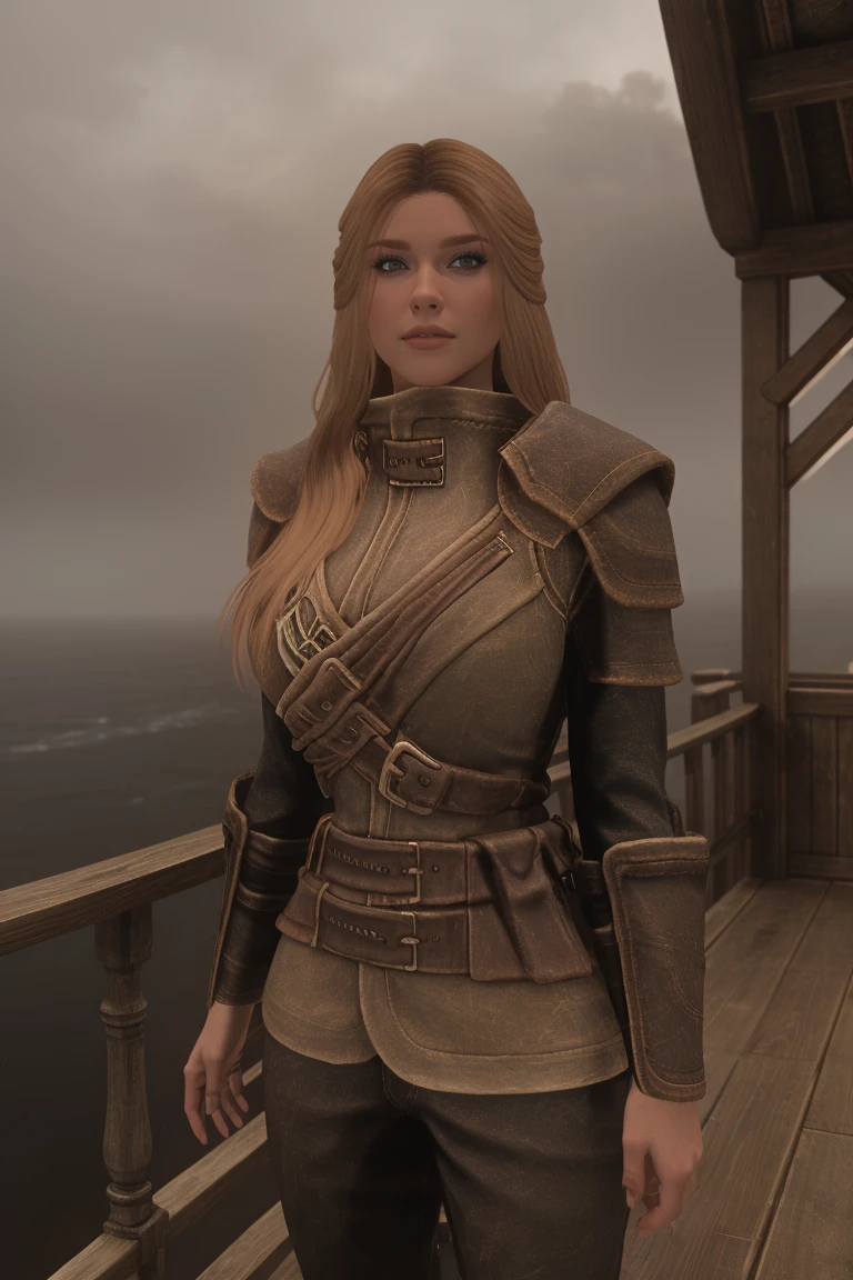 A majestic female Breton stands at the the ship, her long, blond hair whipping in the rain-soaked wind. She wears a worn leather hood, its edges flapping open to reveal her determined expression. The grey sky above is reflected in the calm waters, as the ship cuts through the misty veil shrouding the horizon, bound for the mystical realm of Skyrim, looking at the viewer, relaxed pose