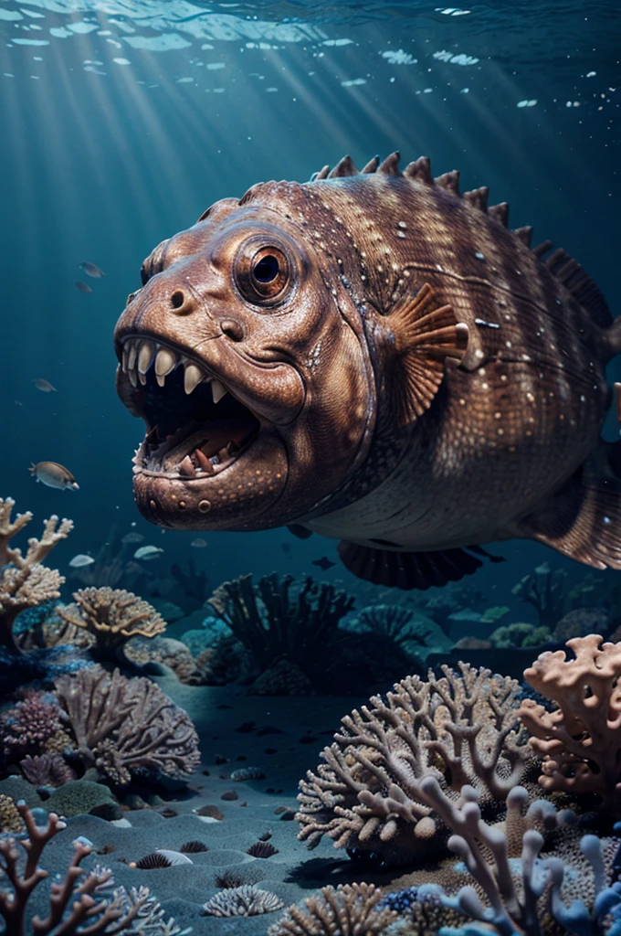 a giant stonefish attacking, detailed and realistic, 1 stonefish, underwater scene, coral reef, beautiful blue ocean, dramatic lighting, intense action pose, highly detailed, 4k, octane render, cinematic, masterpiece