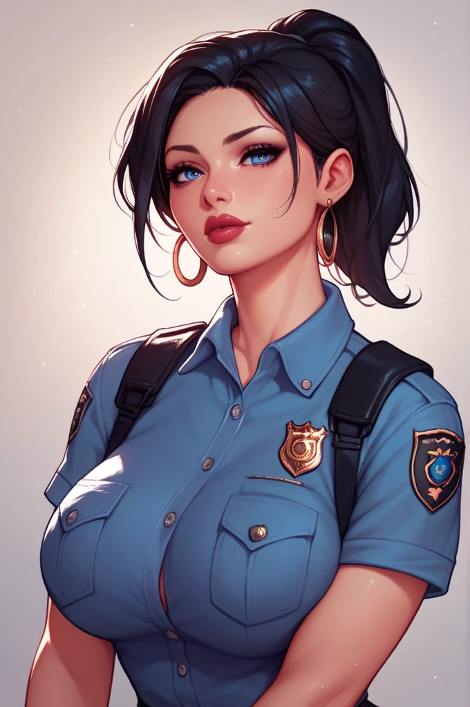nari , blue eyes, black hair, short hair, big breasts,big silver drop dangle earrings ,hair ponytail , lipstick , police uniform