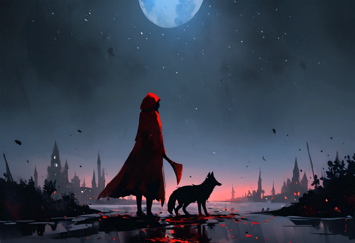 Gothic red riding hood holding the a bloody ax, standing over a dead wolf on the ground, bloody, fancy, comely, chic, Lens flare, intrincately detailed, blood splatters, tenebrosa, back-illuminated, Gothic, moonlights, forst, horor, grim, water colour, Illustrative, WLOP, oil on canvas