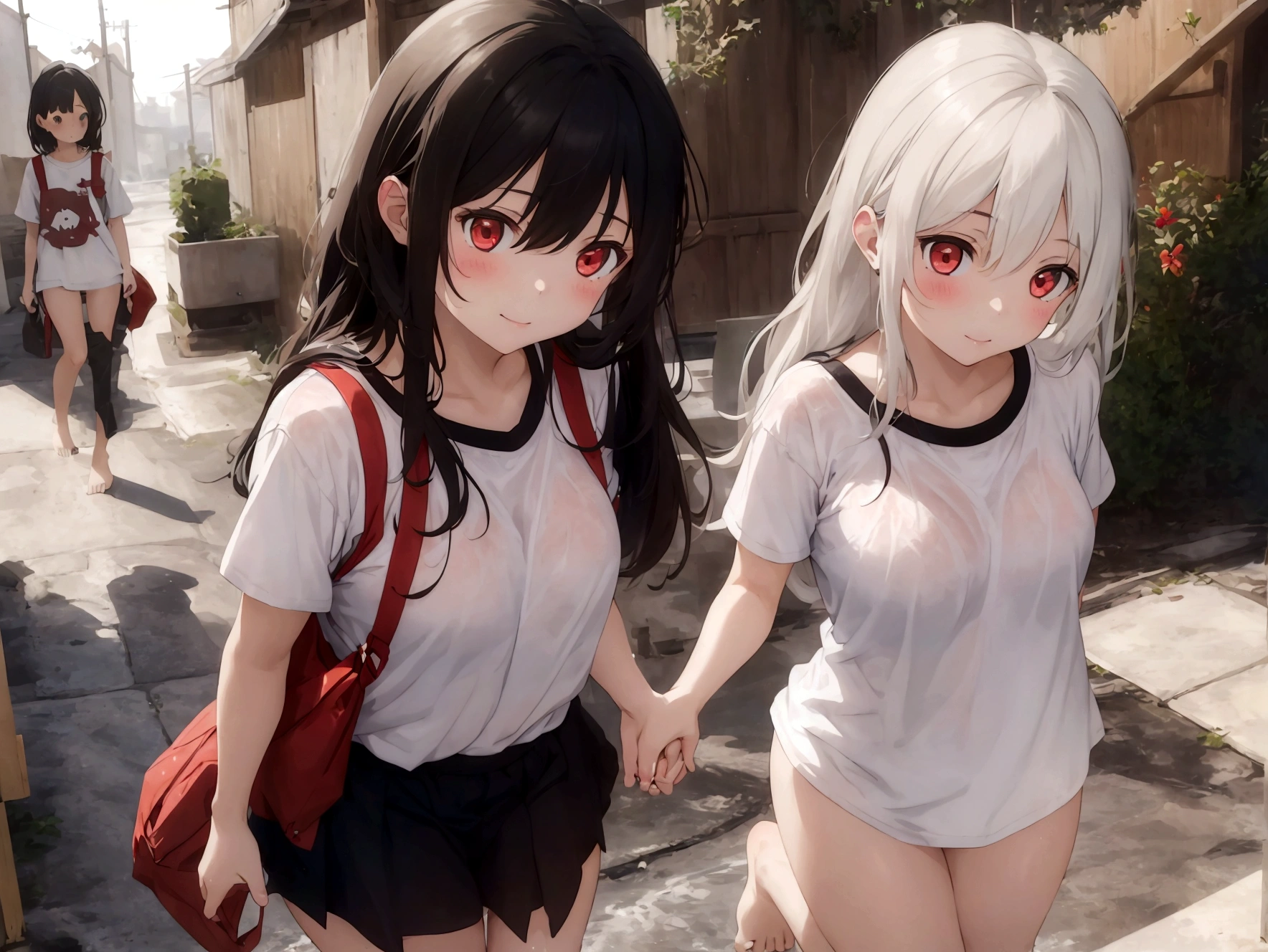 Two girls with foot-length hair hugging each other、Her white Y-shirt was soaked and her breasts were visible through it、Cute white underwear visible through a red tanding posture、barefoot