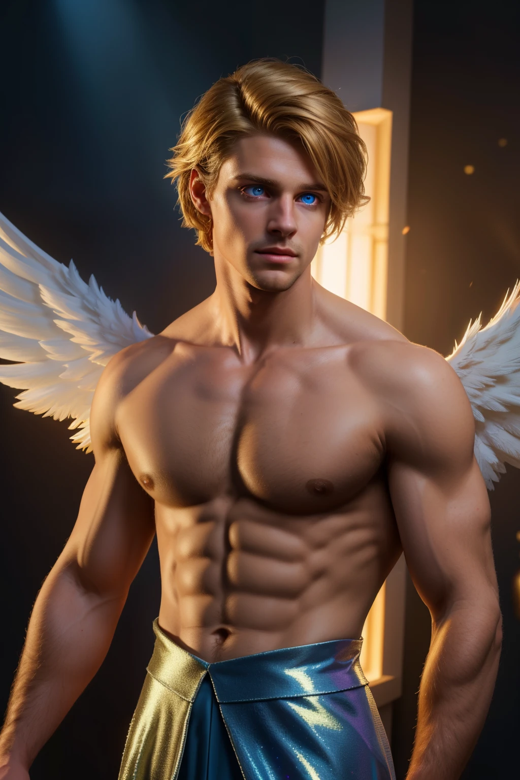 looking into camera, best quality, masterpiece, upper body, bright highlights, (extremely detailed CG unity 8k wallpaper), handsome young man, angelic wings, halo, (male, man), messy hair, short hair, serious, dramatic pose, cinematic lighting, photorealistic, dynamic pose, sharp-focus, 80s fantasy art, (photorealistic:1.4), (masterpiece, finely detailed beautiful eyes: 1.2), masterpiece*portrait, realistic, 3d face, glowing eyes, blonde hair, 1920s plunging neckline dress