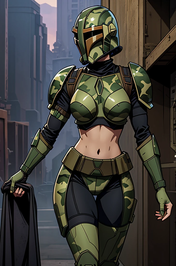 female Mandalorian, Mandalorian armor, Mandalorian helmet, curvy, wide hips, thick thighs, slim waist, tall, long legs, camo, camouflage, camo armor