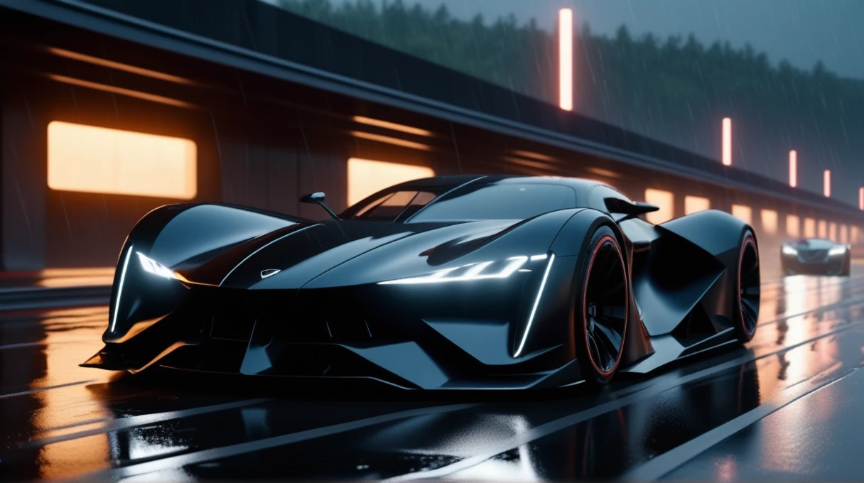 professional 3D model, a cinematic rendering of a geometric black futuristic car speeding on a wet highway,natta,strong main lights,4K,best qualityer,High definition,8K,film, . octane rendering, highy detailed, Volumetric, dramatic lighting