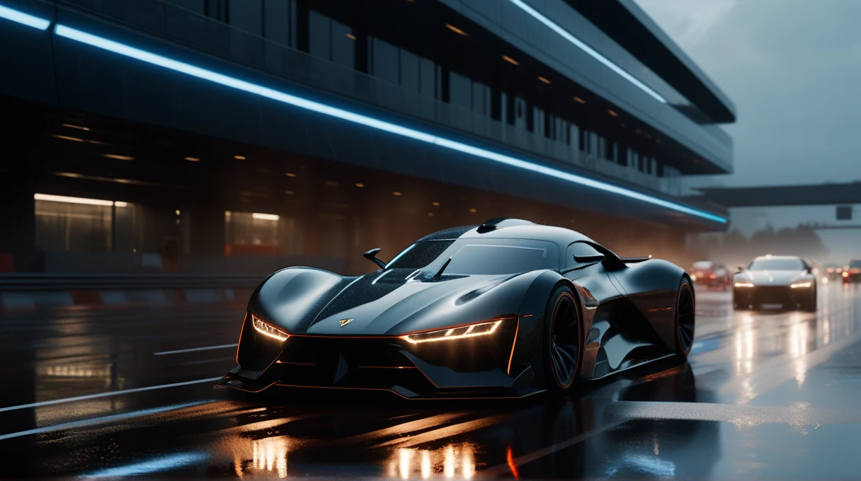 professional 3D model, a cinematic rendering of a geometric black futuristic car speeding on a wet highway,natta,strong main lights,4K,best qualityer,High definition,8K,film, . octane rendering, highy detailed, Volumetric, dramatic lighting