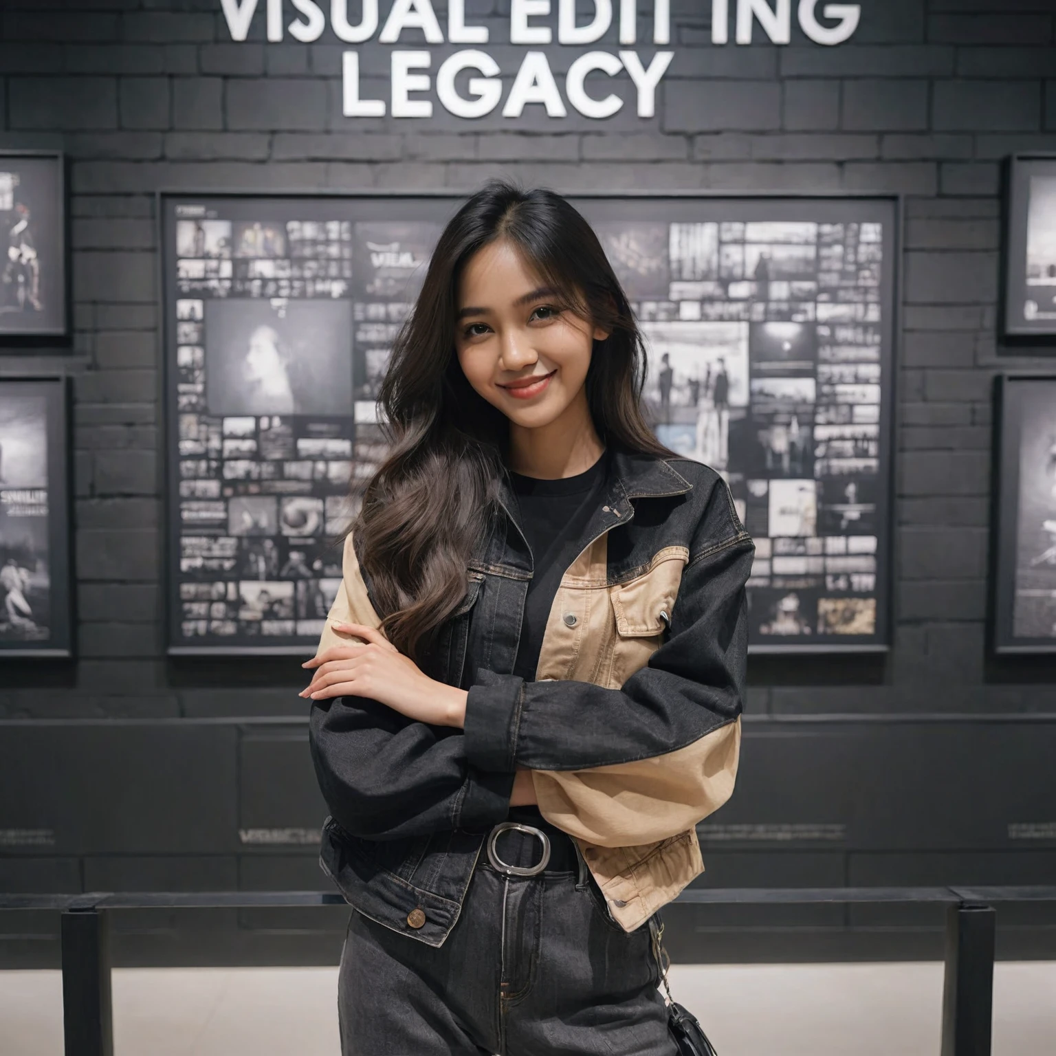 an Indonesian woman with long hair standing in front of a wall of says "VISUAL EDITING LEGACY", she is wearing black streetwear, black and beige denim jacket and pants that says "VEL", museum photoshot, her is smilling, random artist, leaked image, crossed arm, candid pose, Taken using Sony Alpha α7CR full-frame, photorealistic, UHD 1536px, high quality photo.