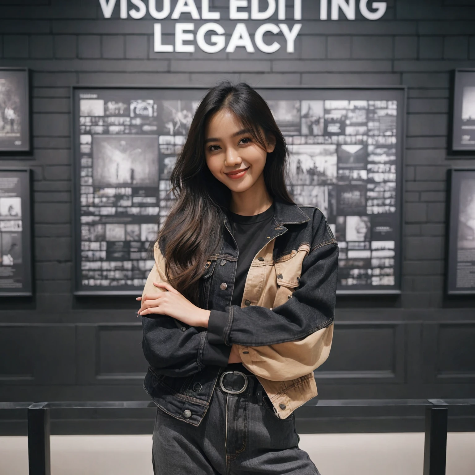 an Indonesian woman with long hair standing in front of a wall of says "VISUAL EDITING LEGACY", she is wearing black streetwear, black and beige denim jacket and pants that says "VEL", museum photoshot, her is smilling, random artist, leaked image, crossed arm, candid pose, Taken using Sony Alpha α7CR full-frame, photorealistic, UHD 1536px, high quality photo.