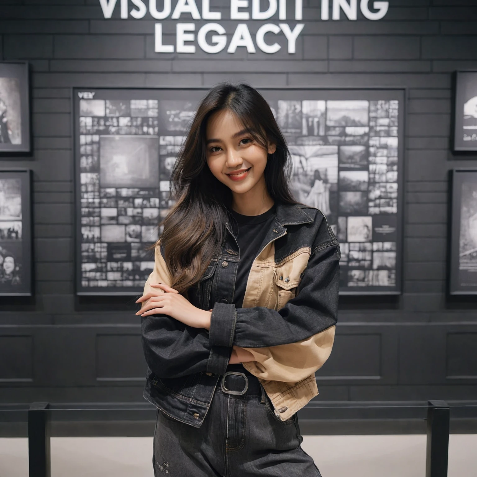 an Indonesian woman with long hair standing in front of a wall of says "VISUAL EDITING LEGACY", she is wearing black streetwear, black and beige denim jacket and pants that says "VEL", museum photoshot, her is smilling, random artist, leaked image, crossed arm, candid pose, Taken using Sony Alpha α7CR full-frame, photorealistic, UHD 1536px, high quality photo.