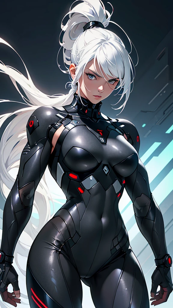Beautiful cybernetic girl detailed muscles realistic masterpieces full figure pose (best quality,ultra-detailed), white hair in high ponytail, fair skin, fit body, slim figure, narrow waist, large buttocks, (cocky expression), wearing a full black carbon fiber cybernetic mobile battle suit