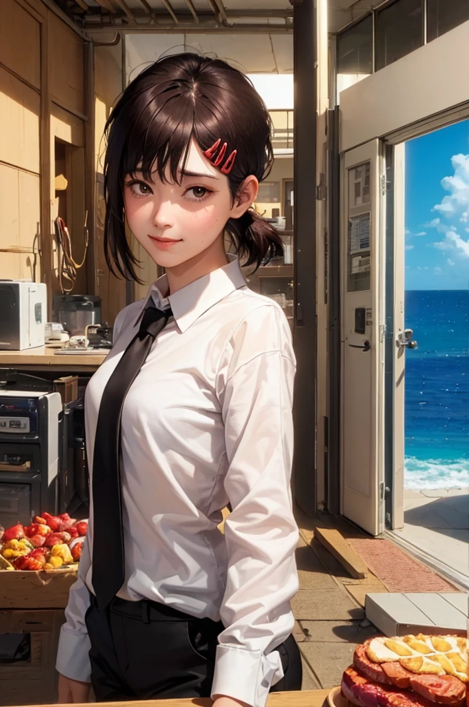 masterpiece, best quality, ultra-detailed, illustration, epic lighting, cinematic composition, isometric, 1girl, solo, cute, brown eyes, black hair, swept bangs, single sidelock, red hairclip, white collared shirt, black necktie, black pants, formal, enchanting gaze, captivating pose, indoors, office, door, opening door, looking at viewer, peeking out upper body, blush, seductive smile, closed mouth,(8k:1.1),