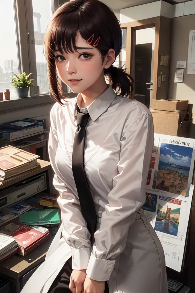 masterpiece, best quality, ultra-detailed, illustration, epic lighting, cinematic composition, isometric, 1girl, solo, cute, brown eyes, black hair, swept bangs, single sidelock, red hairclip, white collared shirt, black necktie, black pants, formal, enchanting gaze, captivating pose, indoors, office, door, opening door, looking at viewer, peeking out upper body, blush, seductive smile, closed mouth,(8k:1.1),
