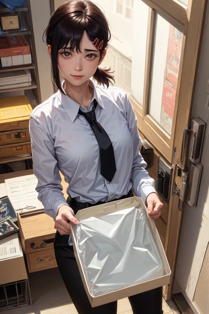 masterpiece, best quality, ultra-detailed, illustration, epic lighting, cinematic composition, isometric, 1girl, solo, cute, brown eyes, black hair, swept bangs, single sidelock, red hairclip, white collared shirt, black necktie, black pants, formal, enchanting gaze, captivating pose, indoors, office, door, opening door, looking at viewer, peeking out upper body, blush, seductive smile, closed mouth,(8k:1.1),