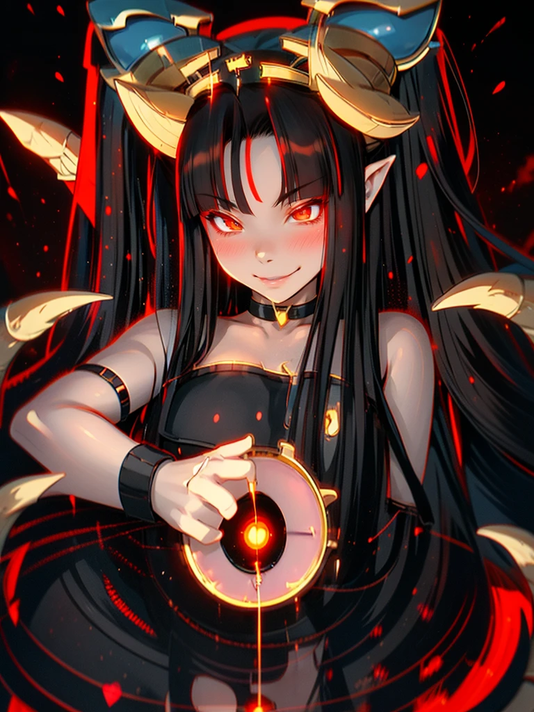 black hair, hair bobbles, wince, longeyelashes, solid circle eyes, fake animal ears, light smile, ear blush, fang, ccurate, long black hair, cat ears, cat tail, red eyes, hair over shoulder, straight hair, demon horns, horns, glowing eyes, makeup, light smile, smug, full blush, Surrealism, drop shadow, anaglyph, stereogram, tachi-e, pov, atmospheric perspective, 8k, super detail, best quality, high details, high quality, highres, award winning, best quality