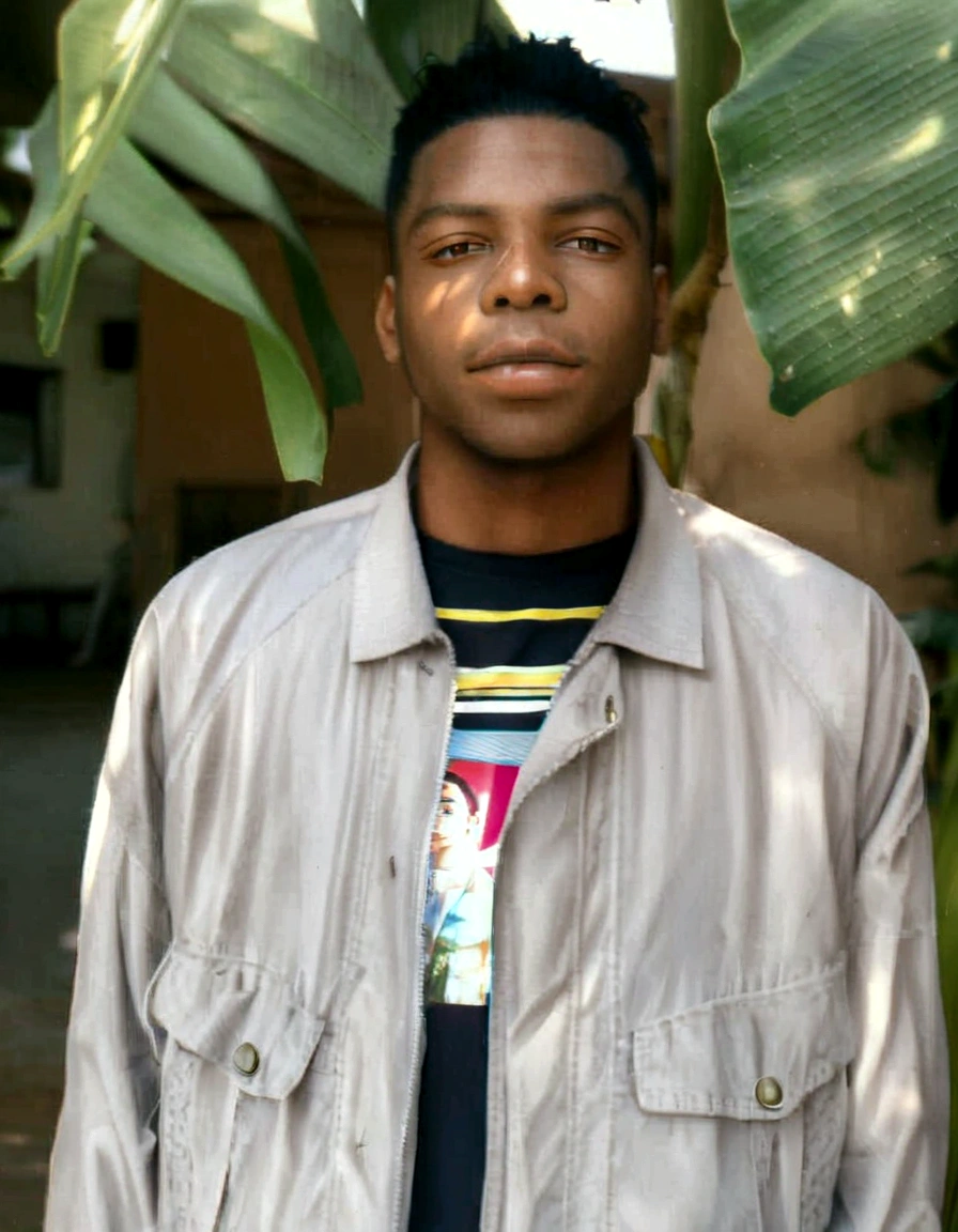 sharp man in jacket in front of a banana tree, David Uzochukwu, about 19 years old, taken at the beginning of 2020, Prince Adebanji, george pemba, Riyad Cassim, a young man, he is about 2 5 years old, album photo, discovered photo