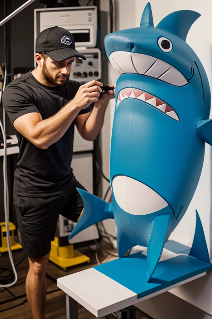 Animated shark in the shape of a human working installing a mini split