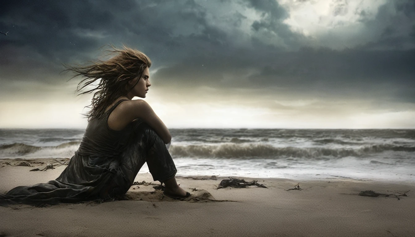 (masterpiece, best quality: 1.2), ultra detailed, cinematic lighting, HDR, landscape, 1girl, (harsh colors), post-apocalyptic beach, night at last, desolate atmosphere, girl sitting on the sand, covered vegetation, (overcast sky), waves crashing on the coast, (melancholic but hopeful), quiet moment of respite, (detailed textures), windswept hair, cloudy at night