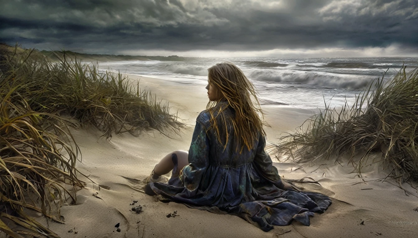 (masterpiece, best quality: 1.2), ultra detailed, cinematic lighting, HDR, landscape, 1girl, (harsh colors), post-apocalyptic beach, night at last, desolate atmosphere, girl sitting on the sand, covered vegetation, (overcast sky), waves crashing on the coast, (melancholic but hopeful), quiet moment of respite, (detailed textures), windswept hair, cloudy at night