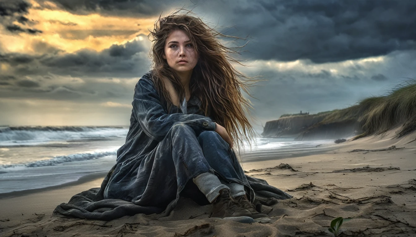 (masterpiece, best quality: 1.2), ultra detailed, cinematic lighting, HDR, landscape, 1girl, (harsh colors), post-apocalyptic beach, night at last, desolate atmosphere, girl sitting on the sand, covered vegetation, (overcast sky), waves crashing on the coast, (melancholic but hopeful), quiet moment of respite, (detailed textures), windswept hair, cloudy at night