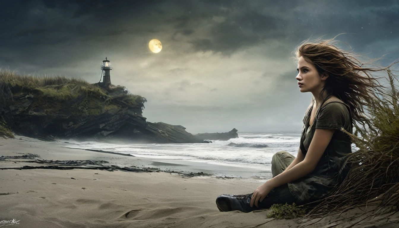 (masterpiece, best quality: 1.2), ultra detailed, cinematic lighting, HDR, landscape, 1girl, (harsh colors), post-apocalyptic beach, night at last, desolate atmosphere, girl sitting on the sand, covered vegetation, (overcast sky), waves crashing on the coast, (melancholic but hopeful), quiet moment of respite, (detailed textures), windswept hair, cloudy at night