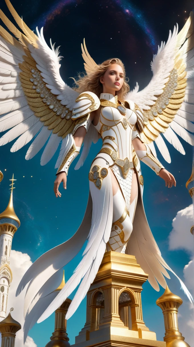 8K, white angel perched on a golden bejeweled tower in a utopian paradise city, huge feathered angel wings, nebula glowing eyes, white clouds flowing, ivory armor with diamond inlays, trends on artstation, sharp focus, studio photo, details Intricate, highy detailed, por Tim Burton