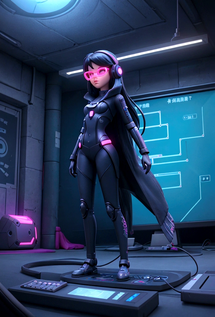((work of art)), (((best qualityer)))), ((illustration)), (Depth of field: 1.2),standing alone,dynamic angle,1 girl,Hacker beautiful 28 year old girl with medium skin, Inside the house, hall, Dim hall, Sci-fi, neon, neon Lights, cyber punk, Computer hall, Gaming Headphones, Computer equipment, Ethical hacker, Server hall Background, display lights, Monitors, (LED Monitors, surrounded by multiple display Monitors: 1.5), gaming chair, dark haired, 2 mechas de cabelo brancas na parte da 正面, long hair, lightweight cyber clothing, energetic drinks, cables, messy room, 正面, fund, Talking to the camera, wearing cyber punk glasses
