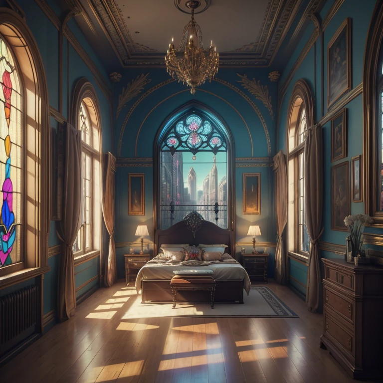 (((Generate an ornate bedroom in the style of Versailles with a big historical window.))) A hyperrealistic cyberpunk dreamscape cityscape is in the window. The cityscape is extremely detailed with many lights and LED neon colors and buildings of many different sizes. The cityscape has all colors of the rainbow and has hires interesting flying steampunk dirigibles. ((The cityscape is colorful.)) A giant steampunk standalone clock is seen ((through the window)). It is peaceful in the bedroom. The entire artwork is very realistic with many small details and enhancements. 3D render beeple, artstation and beeple highly, in fantasy sci-fi city, inspired by beeple, 8k, unreal engine unity CGI. Masterpiece and popular. Add many fantastical and beautiful details and nuances. (stained glass)