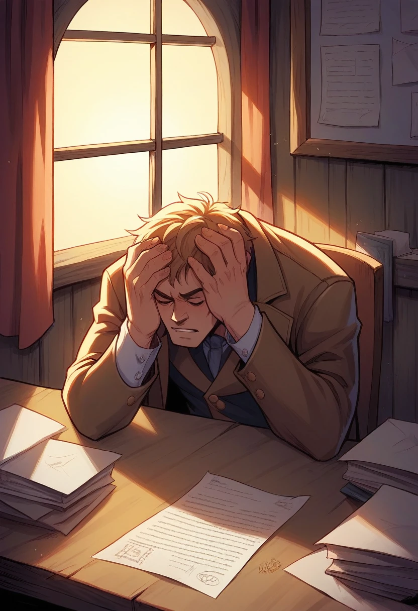 The Flash Barrry Allen, sitting at a desk, head in hands. Papers strewn all over tables, coat hanging in the corner, half opened filed with the name "DIBNY" written on it. Sun leaking into the room through the blinds. A sense of regret and loss, 