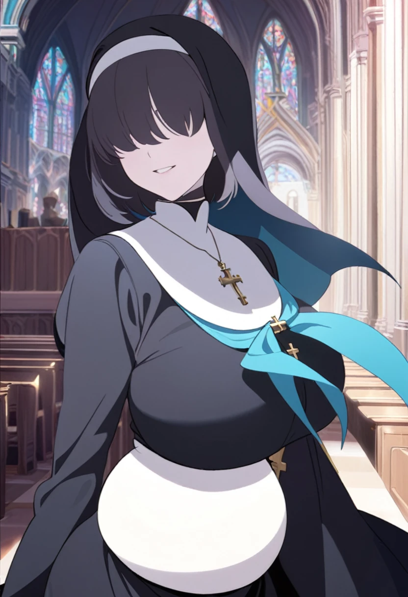 1girl, nun, cross, cross necklacke, jewelry, black hair, turquoise bangs, very short hair, hair over eyes, pale skin, turquoise eyes, black dress, church, smile, huge belly, (masterpiece), best quality, anime style,