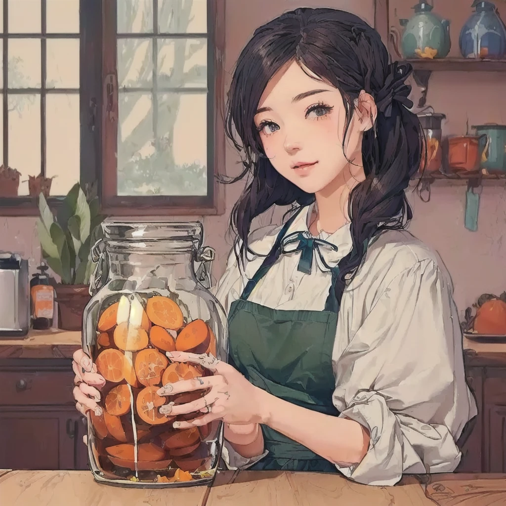 Anime girl holding a jar of oranges in the kitchen, detailed fan art, cute detailed digital art, Ian J., nice detailed work, lofi girl, change, Digital anime illustration, anime style illustration, inspired by Asaph Hanukkah, fan art, high quality fan art, Abigail of Stardew Valley, Correct hands and fingers, fix fingers