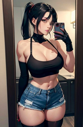 A white girl, with black hair, short with a ponytail, is in a room, standing in front of a mirror. She wears short denim shorts, black pantyhose and black gloves. She looks at the photo with a sensual face, biting the lips, while placing your hands on your breasts. . Her lips are red. The photo focuses on her big ass. She has defined abs and thick thighs. The photo takes in her entire body, showing feet, hands and face.