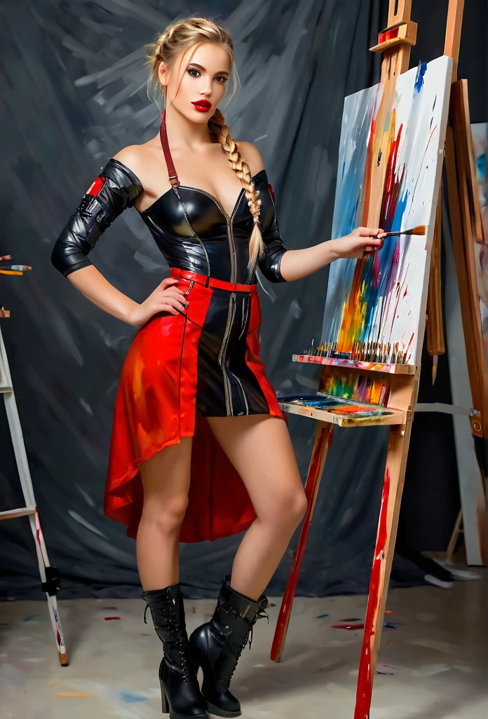 A sexy cyborg girl, standing full-length, with a beautiful face, expressive eyes, red lips, and blonde hair in a French braid. She is in an art studio, painting a self-portrait on an easel, using oil paints and paintbrushes. The natural lighting creates a vibrant, realistic rendering with detailed brushstrokes. The confident pose and fashionable outfit give the portrait a captivating, alluring atmosphere. The composition is perfect, and the technique is exquisite, showcasing the artist's masterful skills and unique style. The final image is a high-resolution, 4K masterpiece with flawless details and a harmonious color palette.