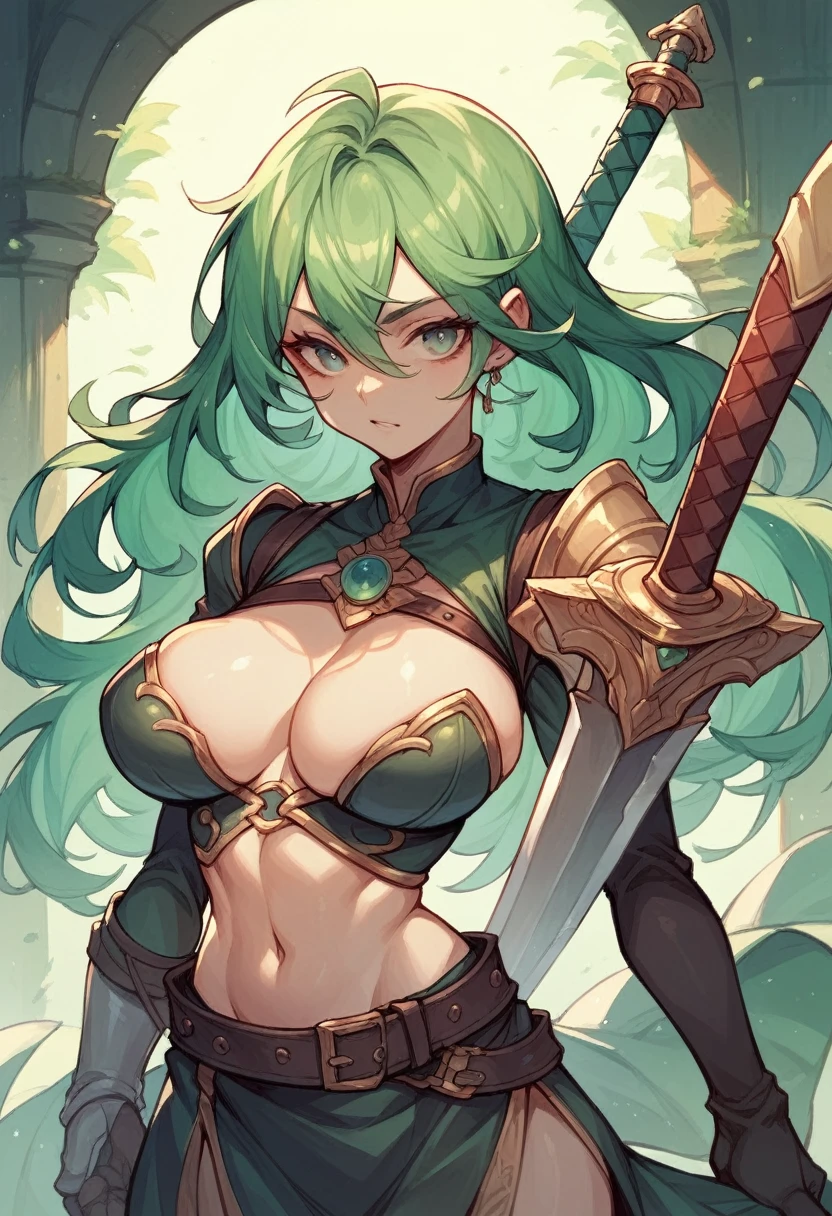Green hair woman with sword and big breasts
